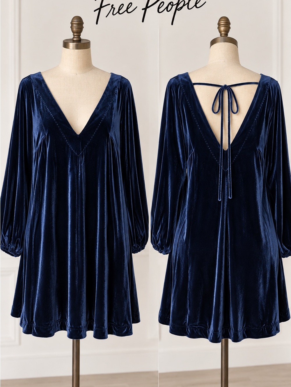 Free People Deep Navy Velvet V-Neck Tie-Back Mini Dress